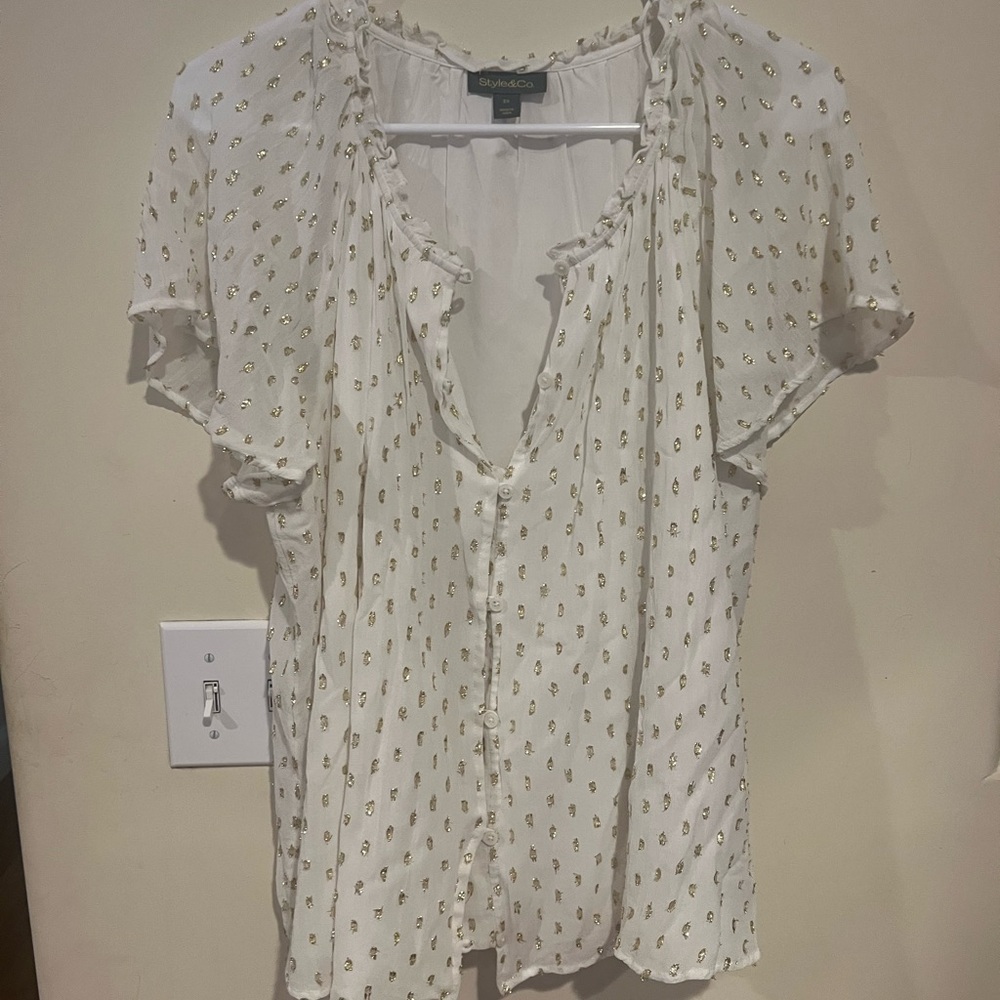 Style & Co. White Blouse with Gold Accents